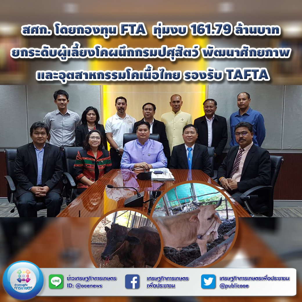 สศก. โดยกองทุน FTA  ทุ่มงบ 161.79 ล้านบาท ยกระดับผู้เลี้ยงโค ผนึกกรมปศุสัตว์ พัฒนาศักยภาพ และอุตสาหกรรมโคเนื้อไทย รองรับ TAFTA