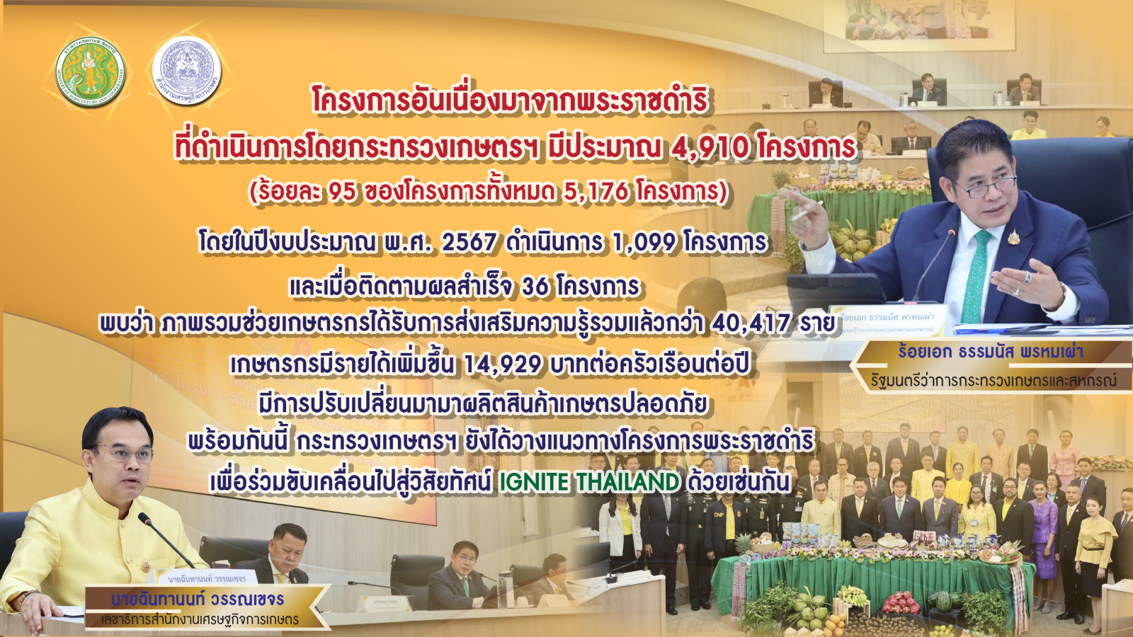 ธรรมนัส เปิดงานสัมมนา แถลงผลโครงการอันเนื่องมาจากพระราชดำริด้านการเกษตร ผสานความร่วมมือภาคี ขยายผลสำเร็จในการแก้ไขปัญหาภาคเกษตร ส่งเสริมคุณภาพชีวิตเกษตรกรไทย