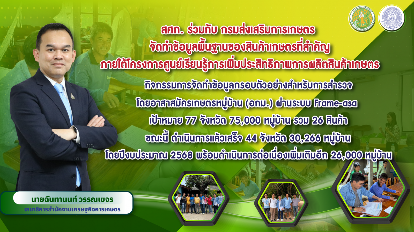 สศก. จับมือ กสก. และ อกม. จัดทำข้อมูลกรอบตัวอย่างสำหรับการสำรวจ ขณะนี้ดำเนินการแล้วเสร็จ 44 จังหวัด 30,266 หมู่บ้าน พร้อมเดินหน้าต่อเนื่องปี 68 รวม 26,000 หมู่บ้าน