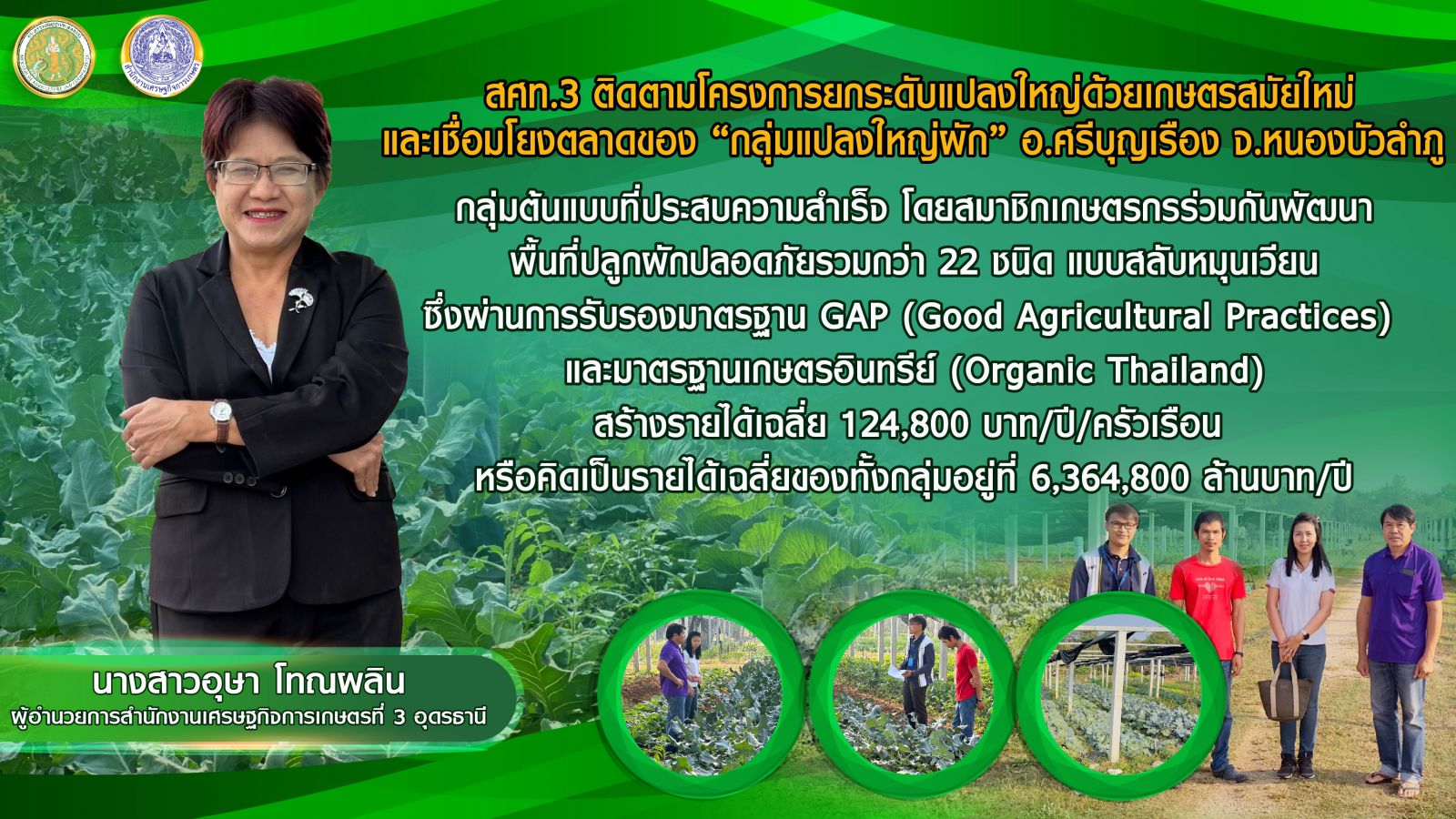 สศท.3 ติดตาม ‘กลุ่มแปลงใหญ่ผัก’ อ.ศรีบุญเรือง จ.หนองบัวลำภู ผลิตผักปลอดสารพิษ สร้างรายได้ครัวเรือนละ 124,800 บาท/ปี