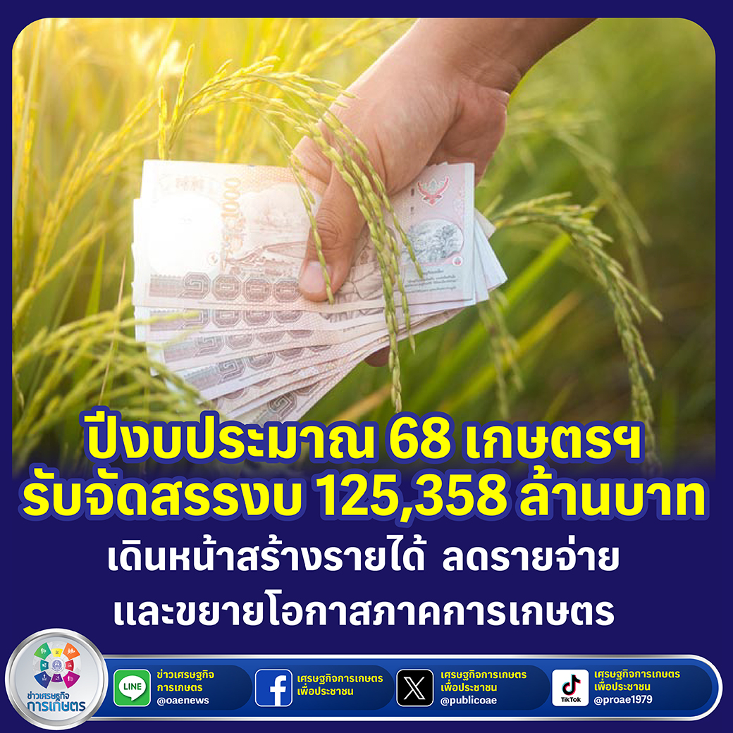 ปีงบประมาณ 68 เกษตรฯ รับจัดสรรงบ 125,358 ล้านบาท   เดินหน้าสร้างรายได้ ลดรายจ่าย และขยายโอกาสภาคการเกษตร