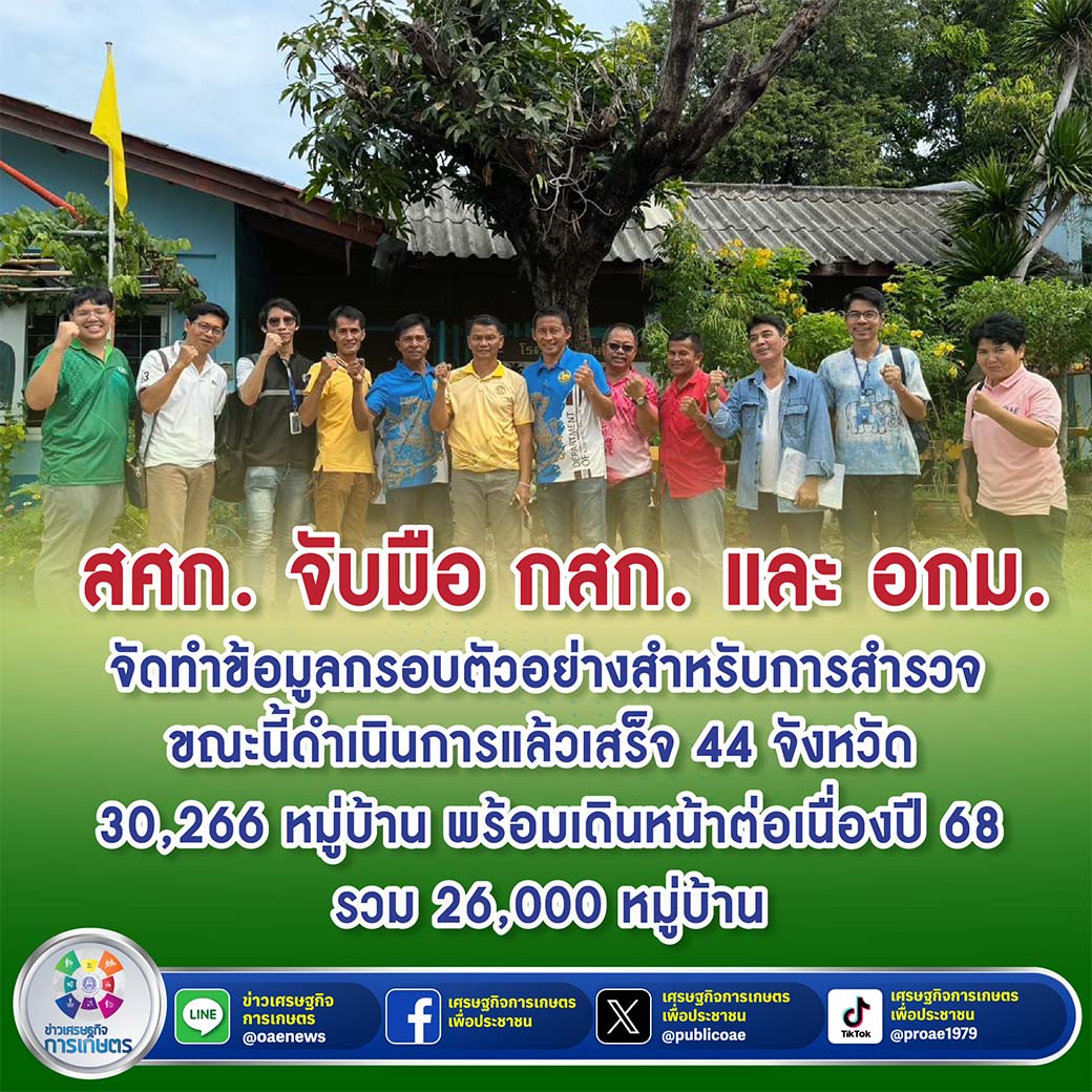 สศก. จับมือ กสก. และ อกม. จัดทำข้อมูลกรอบตัวอย่างสำหรับการสำรวจ  ขณะนี้ดำเนินการแล้วเสร็จ 44 จังหวัด 30,266 หมู่บ้าน พร้อมเดินหน้าต่อเนื่องปี 68 รวม 26,000 หมู่บ้าน