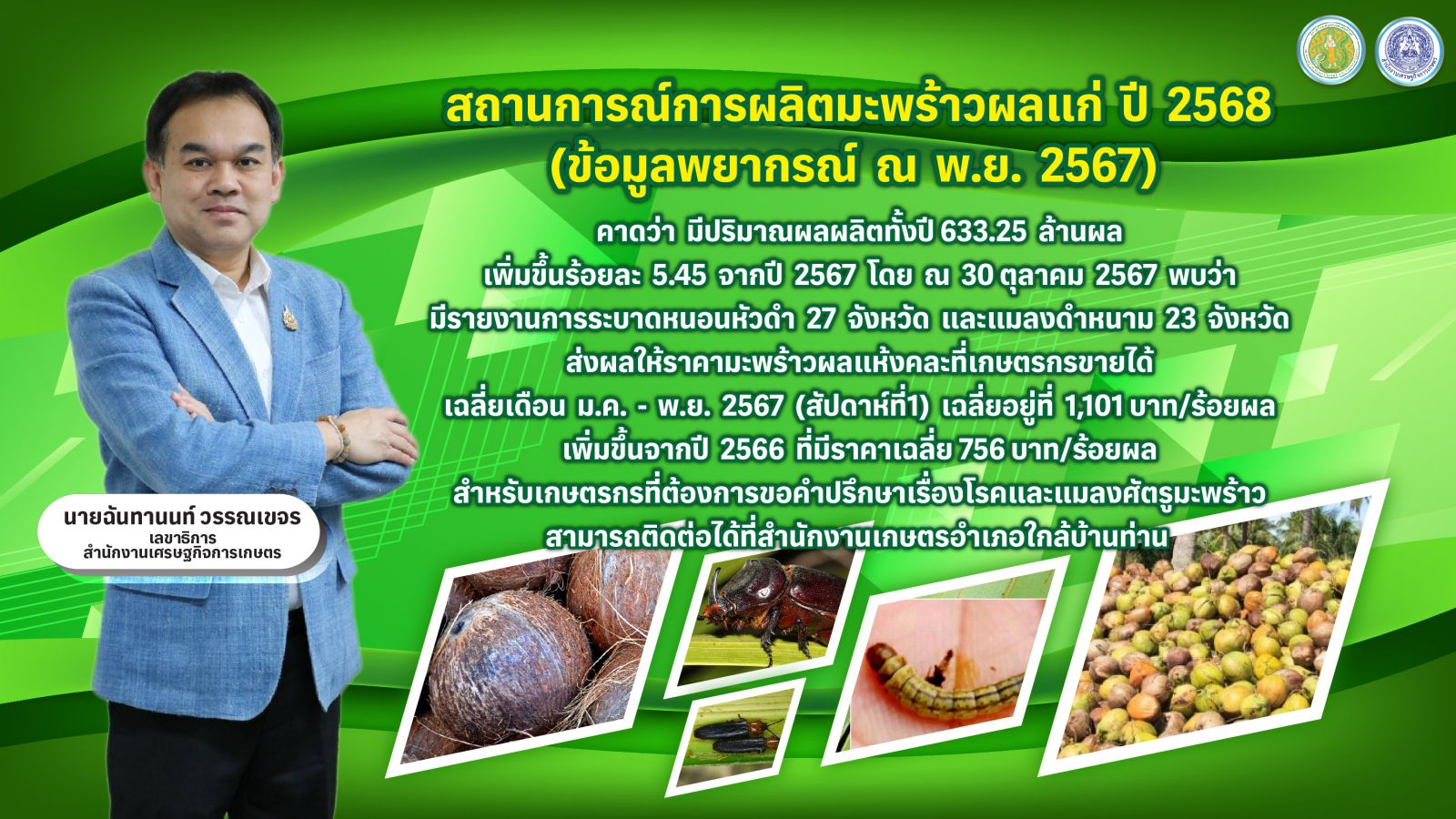 สศก. คาด ผลผลิตมะพร้าวผลแก่ ปี 68 มีแนวโน้มลดลง กระทรวงเกษตรฯ เตือนเกษตรกร เฝ้าระวังการระบาดของโรคและแมลงศัตรูมะพร้าว