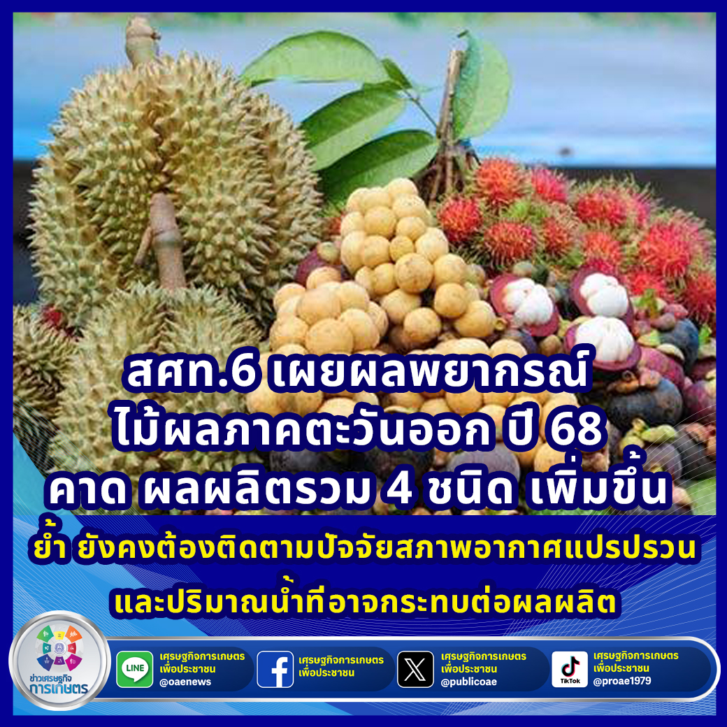 สศท.6 เผยผลพยากรณ์ ไม้ผลภาคตะวันออก ปี 68 คาด ผลผลิตรวม 4 ชนิด เพิ่มขึ้น                                                            ย้ำ ยังคงต้องติดตามปัจจัยสภาพอากาศแปรปรวนและปริมาณน้ำที่อาจกระทบต่อผลผลิต