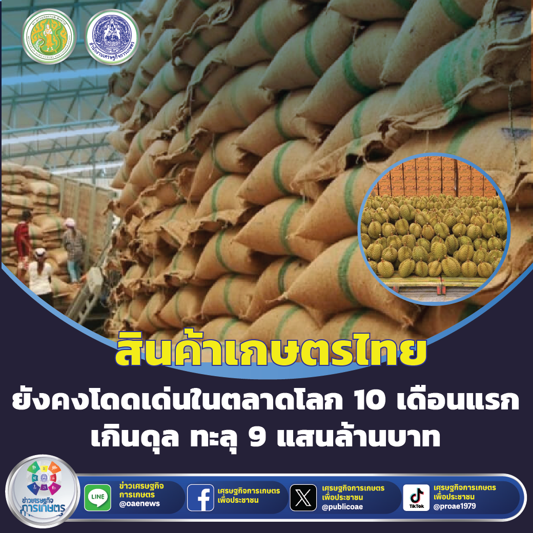 สินค้าเกษตรไทยยังคงโดดเด่นในตลาดโลก 10 เดือนแรก เกินดุล ทะลุ 9 แสนล้านบาท                                                            